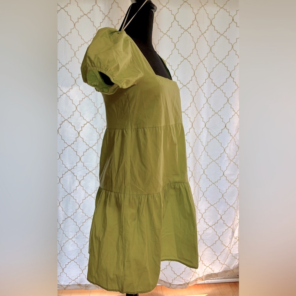Stradivarius Green Puff Sleeve Mini Dress with Ruffled Tiers NEW - Picture 2 of 5